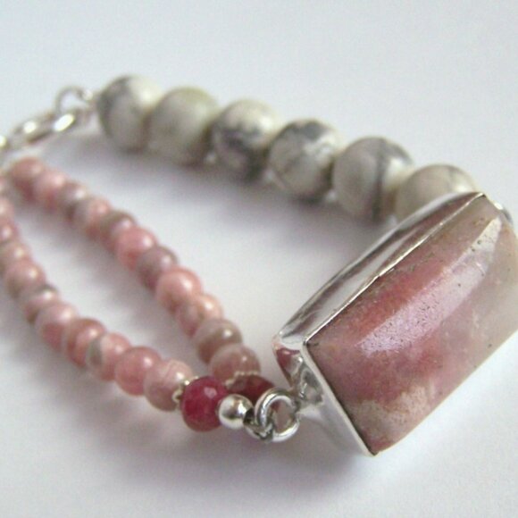 OAK RHODOCHROSITE RUBY JASPER RHODONITE 925 Sterling silver Bracelet Asymmetric - Picture 3 of 10